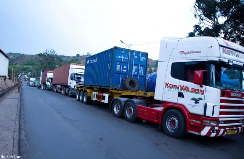 Trucks from Tanzania at Rusumo border post await clearance by Customs and revenue officials. (File)