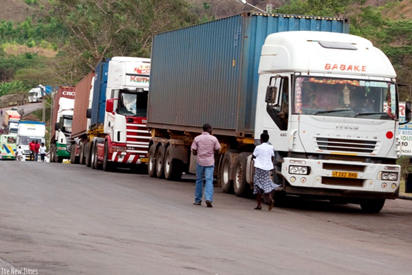 Trucks await customs clearance at Rusumo border post. (File)