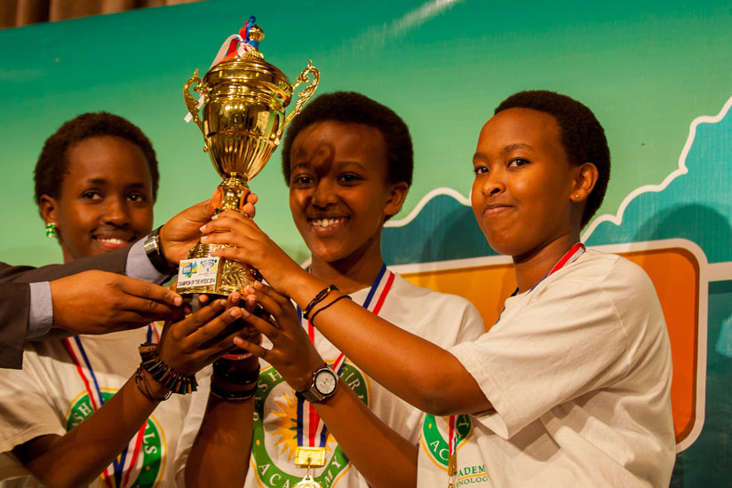 Gashora Girls lift a trophy after emerging best debaters last year. (Timothy Kisambira)