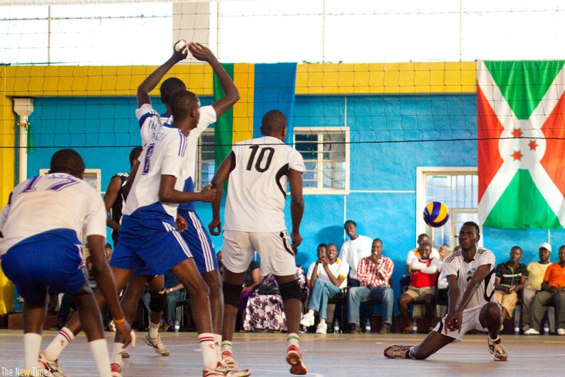 APR setter Barrack Rugira receives the ball in a game  against INATEK. The champions are expected to win against Kirehe. (File)