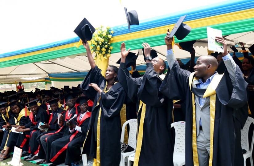 Graduates at the fourth graduation ceremony of the Integrated Polytechnic Regional Centre in Kigali toss mortarboards after their names were read out during the ceremony yesterday. (John Mbanda)