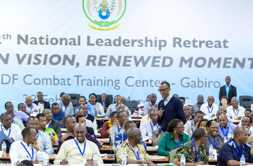 President Kagame interacts with leaders during his address of the twelfth National Leadership Retreat taking place at the Rwanda Defence Forces Combat Training Centre in Gabiro, Eastern Province, yesterday. (Village Urugwiro)