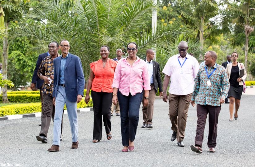 President Kagame, First Lady Jeannette Kagame and government officials on the last day of the twelfth National Leadership Retreat in Gabiro yesterday. (Village Urugwiro)