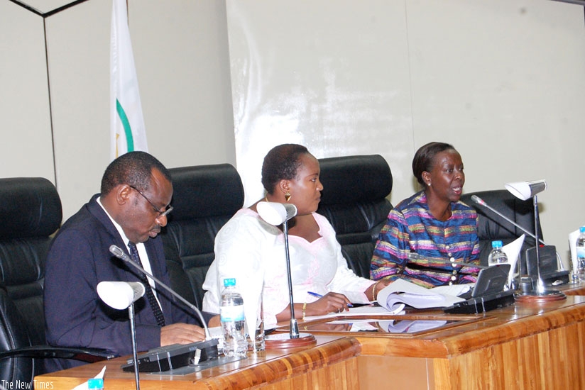 Gatete (L), MP Jeanne Du2019Arc Nyinawase, and Mushikiwabo during the meeting on the Northern Corridor projects. (Athan Tashobya)