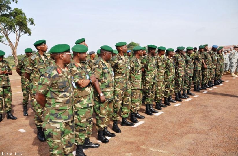 The Rwandan contingent during the launch of the drills in Jinja, Uganda on Tuesday. (Courtesy)