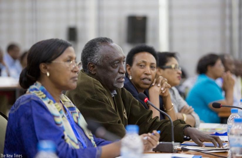 Senator Tito Rutaremara answers a question at the 12th National Leadership Retreat - Gabiro, 1 March 2015. (File)