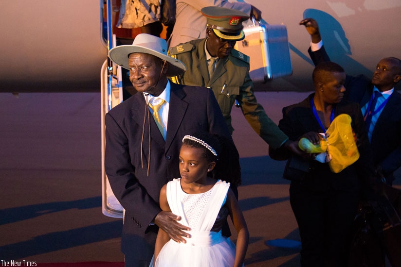 President Yoweri Museveni of Uganda on arrival at Kigali International Airport yesterday. (Timothy Kisambira)rn