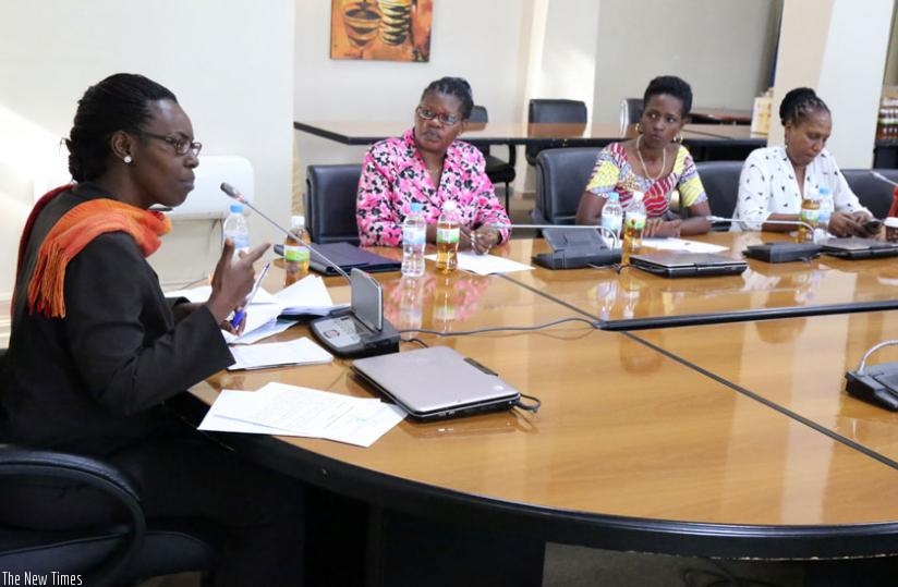 The Permanent Secretary in the Ministry of Gender and Family Promotion Henriette Umulisa (L), addresses journalists yesterday. (John Mbanda)