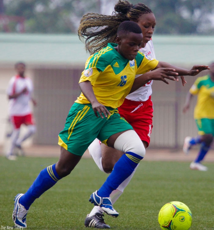Rwanda international Anne Marie Ibangarye, seen here in action against Kenya last year, scored a hat-trick for AS Kigali  against Rambura in the league. (T. Kisambira)