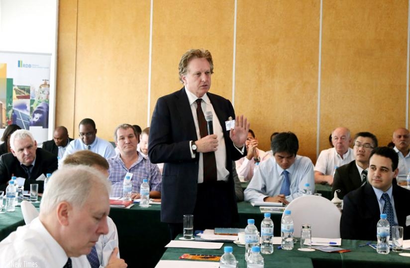 The Chairperson of the Eastern Africa Association, Lord Valentine Cecil, asks a question during a meeting with government officials in Kigali yesterday. (John Mbanda)
