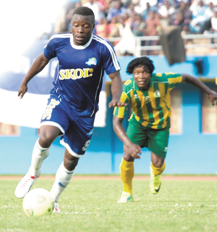 Striker Isaac Muganza, in action against Panthere of Cameroon in the last round. He scored Rayon Sports' consolation goal in the 3-1 loss to Zamalek yesterday. (T. Kisambira)