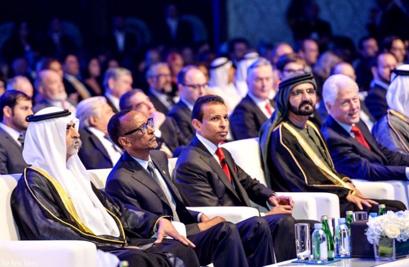 President Kagame with His Highness Sheikh Mohammed Bin Rashid Al Maktoum, the vice-president and prime minister of the United Arab Emirates and ruler of Dubai, Sunny Varkey, founder and chairperson of Gems Foundation, and former US President Bill Clinton during the Global Teacher Prize ceremony in United Arab Emirates yesterday. (Village Urugwiro)