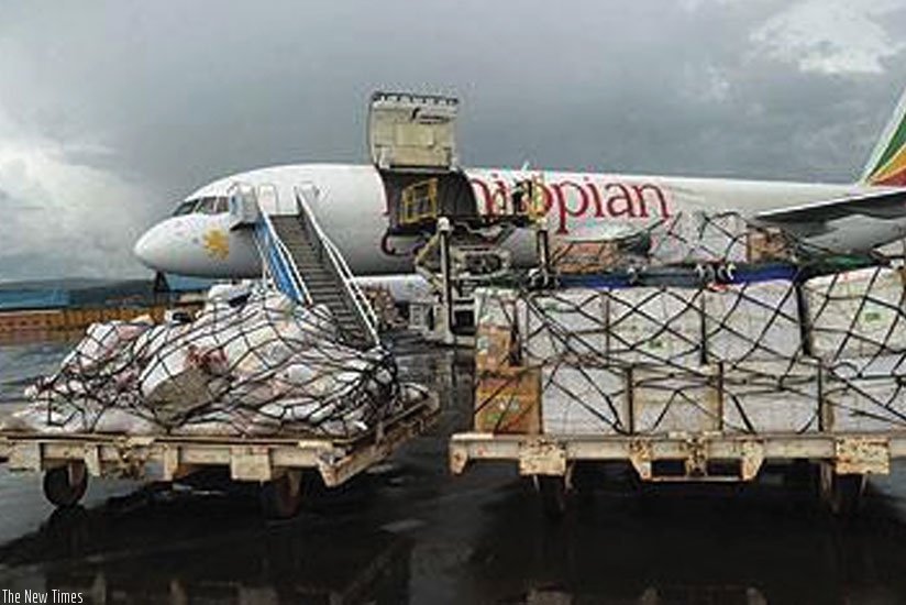 An Ethiopian Airlines cargo plane prepares to load at Kanombe. (File photo)