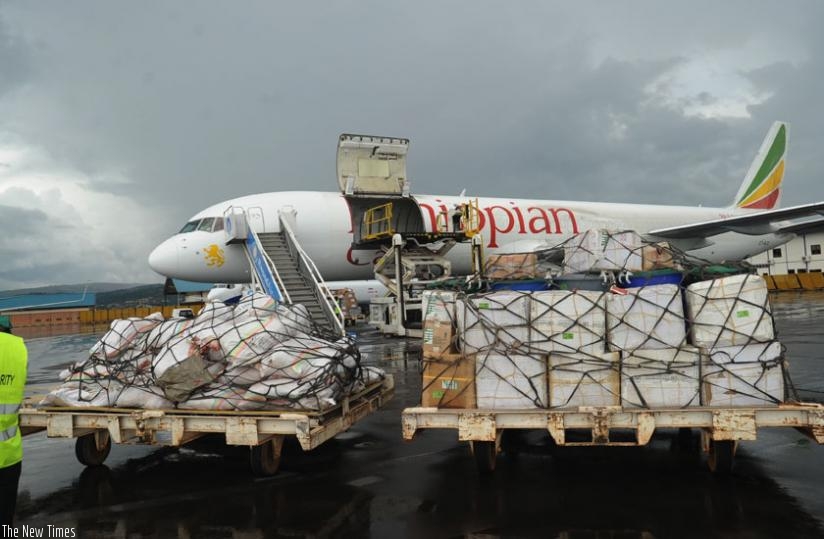 An Ethiopian Airlines cargo plane prepares to load at Kanombe. (File)