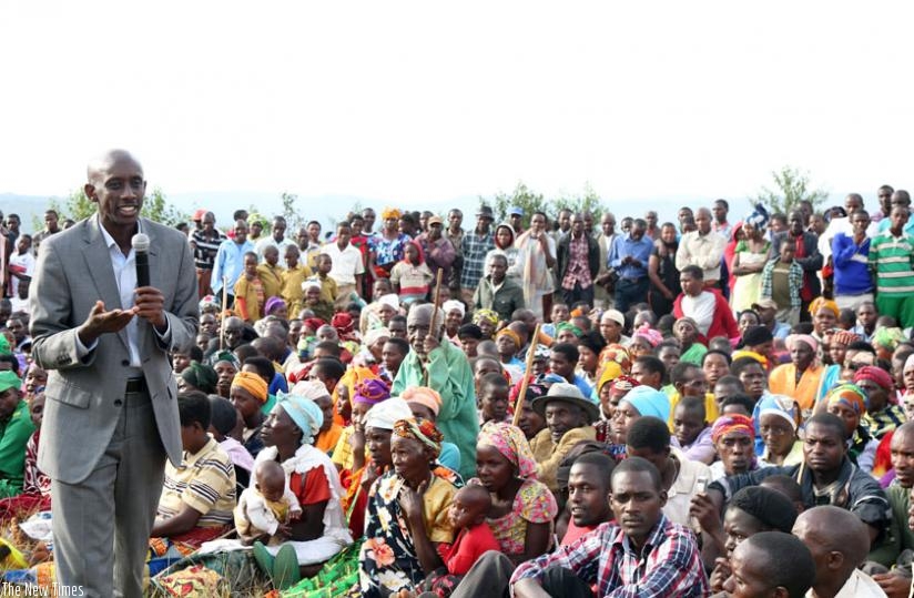 Local Government minister Francis Kaboneka, speaks to Gicumbi District residents during the launch of the Good Governance Month on Wednesday. (John Mbanda)