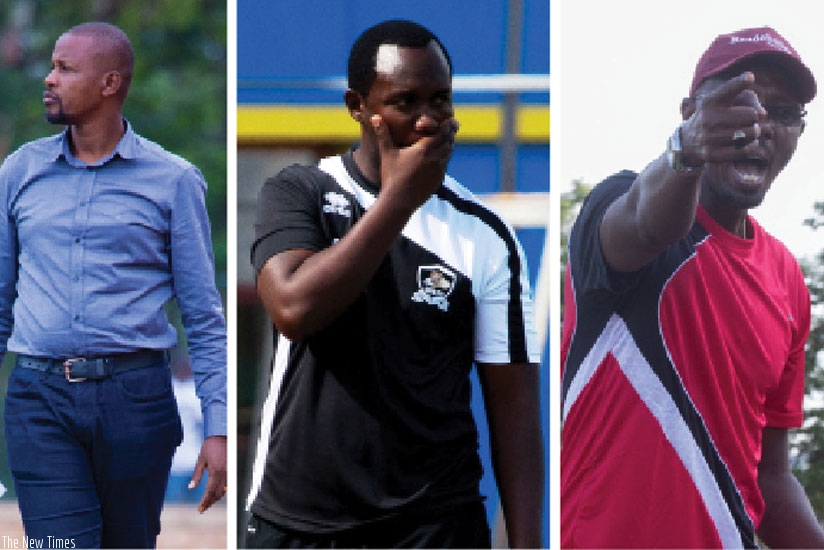(L-R) Andre Cassa Mbungo of Police FC , APRu2019s Vincent Mashami & AS Kigali coach Eric Nshimiyimana.