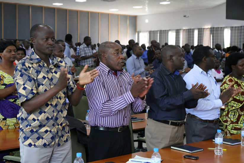 District mayors from Northern Province sing during the retreat at Gabiro yesterday. (John Mbanda)