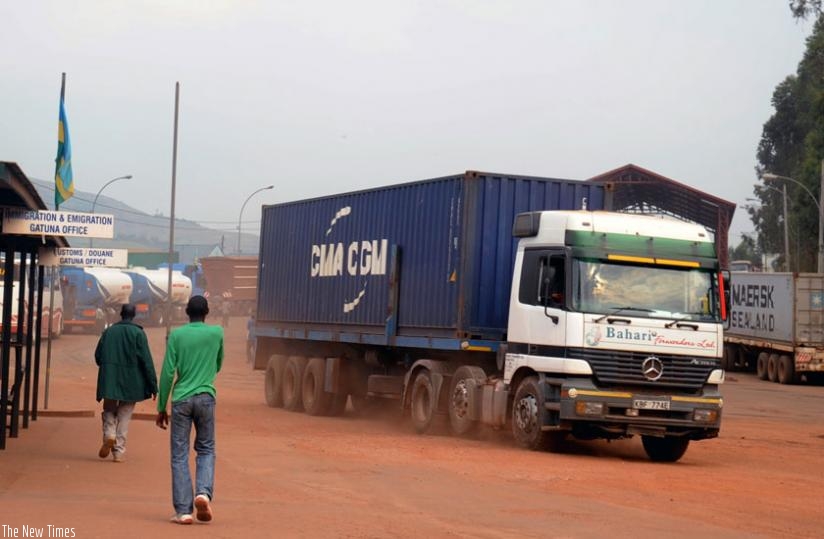 A truck enters into the country at Gatuna border post with Uganda. (File)