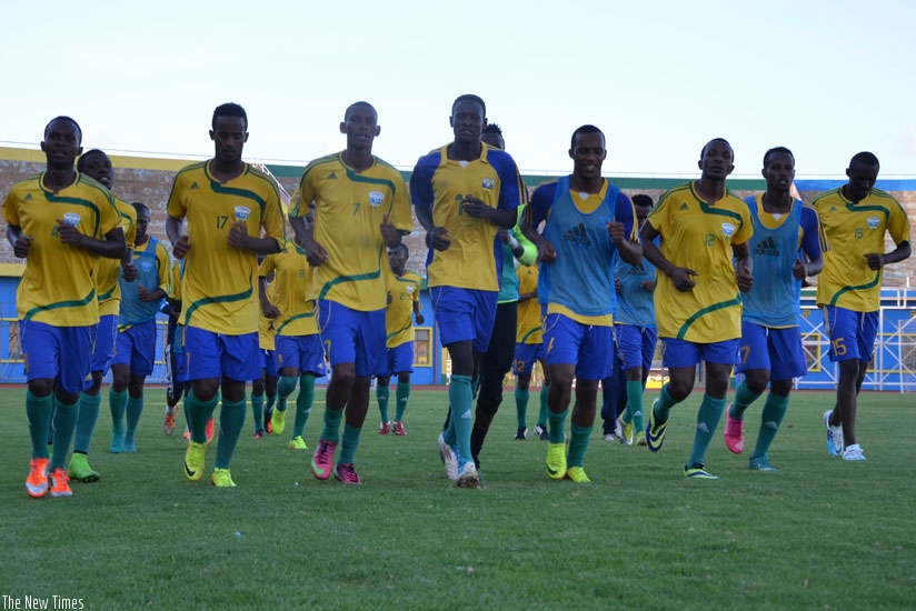 Amavubi players in their last training session yesterday before they left for Zambia ahead of the clash with Chipolopolo. (Sam Ngendahimana)