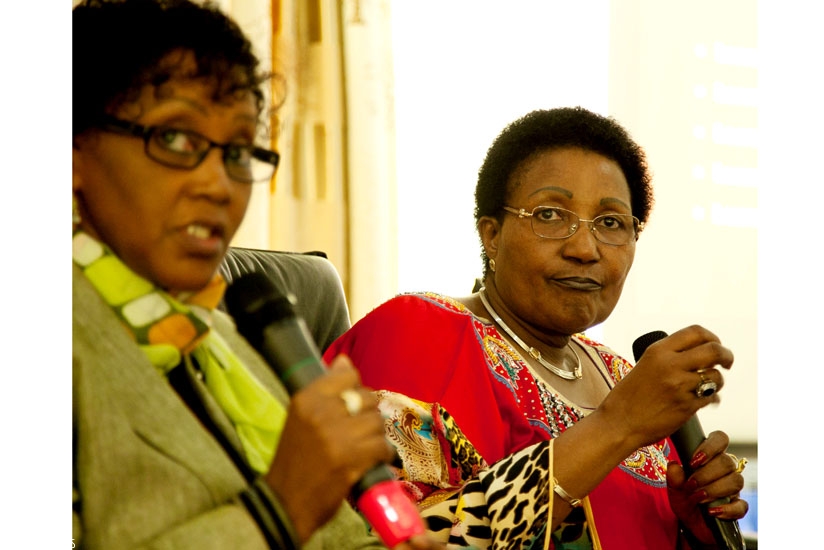 Cabinet Affairs minister Stella Ford Mugabo (L), together with Dr Scholastica Sylvan Kimaryo, of the United Nations, address members of the Rwanda Women Leaders Network (RWLN) in Kigali yesterday.