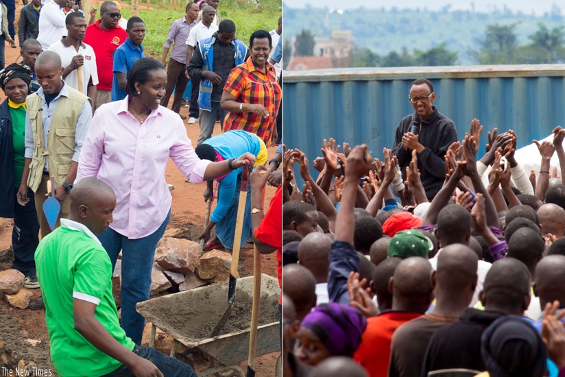 President Kagame and First Lady Jeannette Kagame join residents of Kibagabaga for the monthly community work, Umuganda.  (Village Urugwiro)