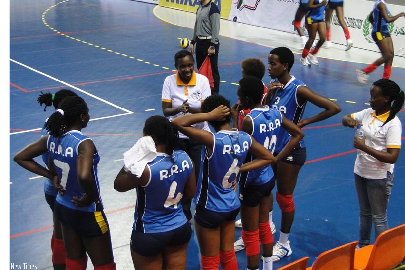Rwanda Revenue players during a time-out in Saturday's match against Saltigue from Senegal. (Courtesy)