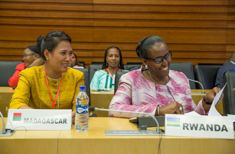 First Lady Jeannette Kagame with Madagascar's First Lady at the sidelines of the Comesa Heads of State and Government Summit in Addis Ababa, Ethiopia, yesterday. (Courtesy)