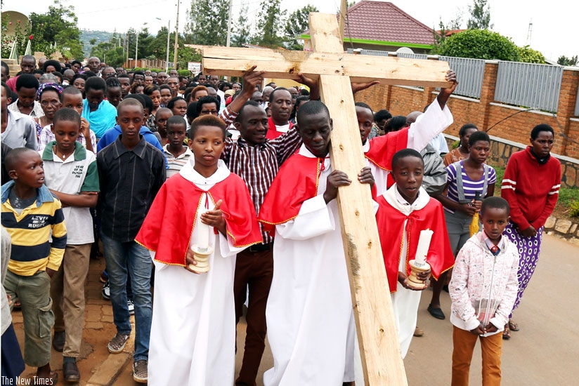 Christians of St Joseph Catholic Parish in Kicukiro District perform the Way of the Cross to observe Good Friday yesterday.  (All photos by John Mbanda)