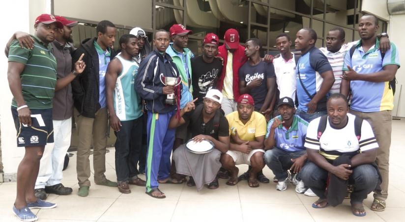 Silverbacks pose for a group photo upon arrival at the Kigali international airport. (Stephen Kalimba)