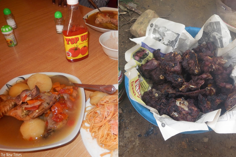 Food served at a local restaurant (L) and roast goat meat about to be served by a lakeside restaurant.