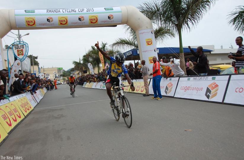 Joseph Aleluya celebrates after winning the Kive cycling race on Saturday. (Peter Kamasa)