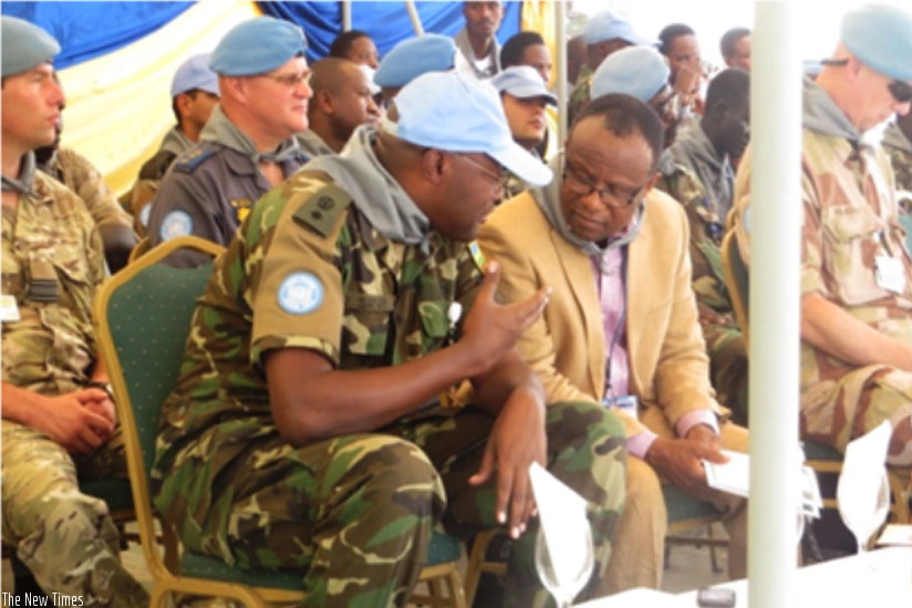 Lt. Col. Muvunyi chats with one of the UN officials who attended the commemoration event in Juba, South Sudan on Tuesday.  (Courtesy)