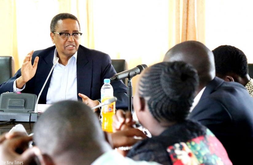 The Minister for Education, Prof Silas Lwakabamba, addresses journalists in Kigali yesterday. (John Mbanda)