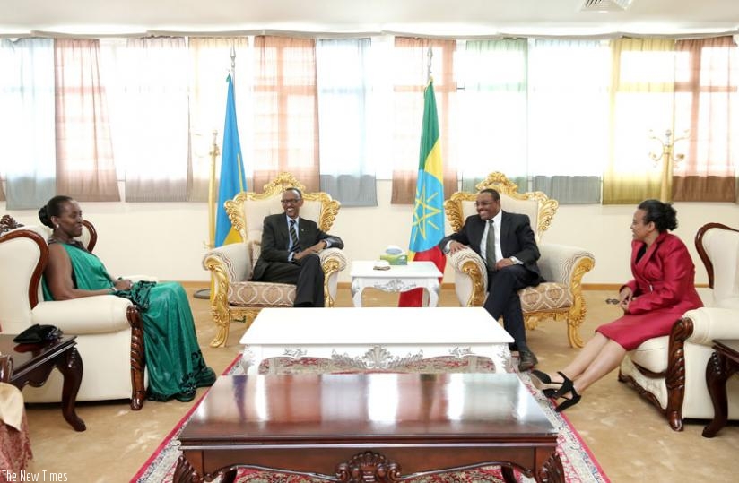 From L-R: First Lady Jeannette Kagame, President Paul Kagame, and their hosts Ethiopian Prime Minister Hailemariam Desalegn and First Lady Roman Tesfaye in Addis Ababa yesterday. (Village Urugwiro)