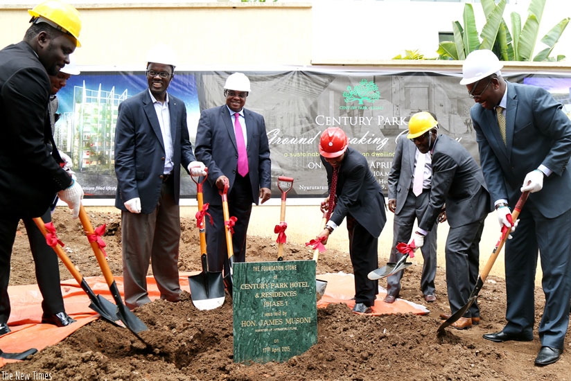 Infrastructure minister James Musoni (right) and other officials at the groundbreaking ceremony for the planned Century Park construction in Kigali yesterday. (John Mbanda)