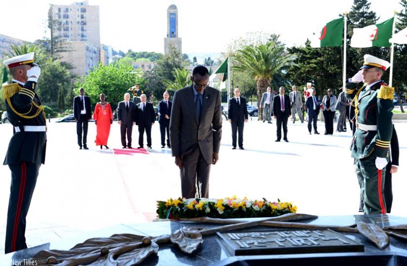 President Kagame lays a wreath at the Martyr's Sanctuary in Algiers, Algeria, yesterday. (Village Urugwiro)