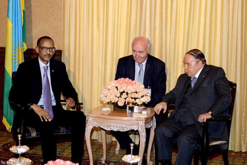 President Paul Kagame and his Algerian counterpart Abdelaziz Bouteflika (R) during their meeting in Algiers yesterday. (Village Urugwiro)