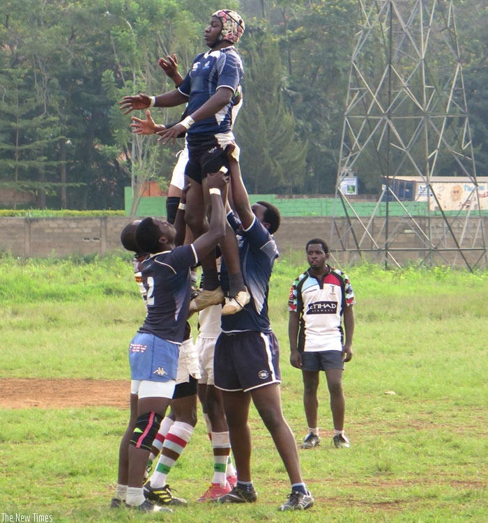1000 Hill's lock Heritier Habimana  jumps for a line out ball during a past league game. 1000 Hills face Muhanga in the semi-final playoffs on Saturday. (S.Kalimba)