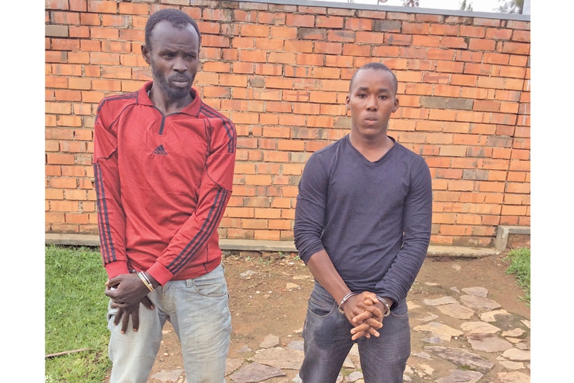 Nshimiyimana (L) and Nshimirimana at Rwanda National Police headquarters in Kacyiru . The duo was arrested on Tuesday. (File)