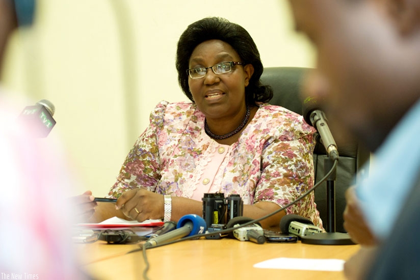 Mukantabana briefs journalists on the development of Burundian refugees yesterday. (Timothy Kisambira)