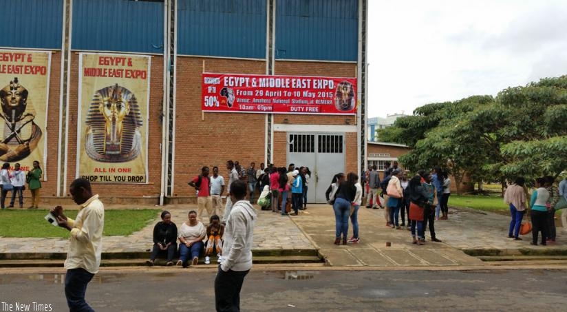 Youths lining up for jobs at the expo ground, yesterday. (Jean Mugabo)