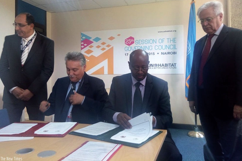 Musoni (second, right) and his Morocco counterpart sign the partnership agreements last week.  (Courtesy)