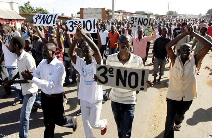 Protesters chant anti-government slogans rejecting third term bid for President Nkurunziza yesterday. (Net photo)