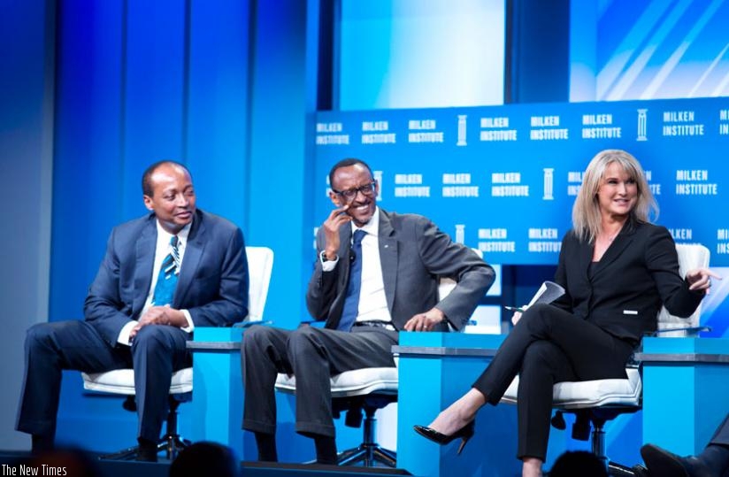 President Kagame on the Milken Institute Global Conference panel on Africa's future with Patrice Motsepe, founder and executive chairman of African Rainbow Minerals (L), and CNBC Editor in Chief Brownyn Nielsen, in Los Angeles, US, yesterday. (Village Urugwiro)
