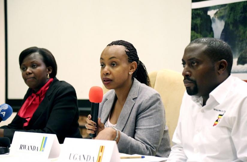 L-R; Ngesa, Karitanyi and Muzahura at the media briefing in Kigali on Tuesday. (John Mbanda)