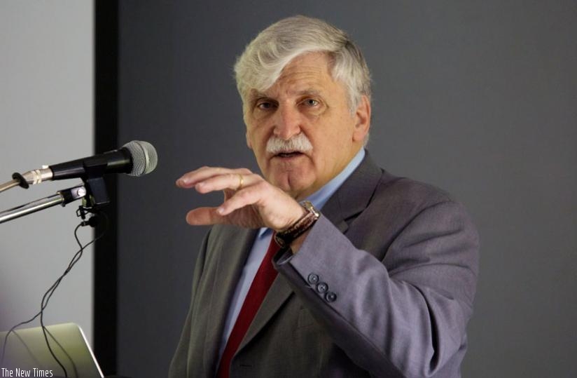 Retired Lt Gen Romeo Dallaire delivers a lecture on peacekeeping at Rwanda Peace Academy in Musanze District on Monday. (Timothy Kisambira)
