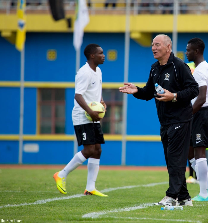 APR head coach Dusan Suljagic gives instructions to his players during a league game. APR are on course to win a 15th league trophy. (Timothy Kisambira)