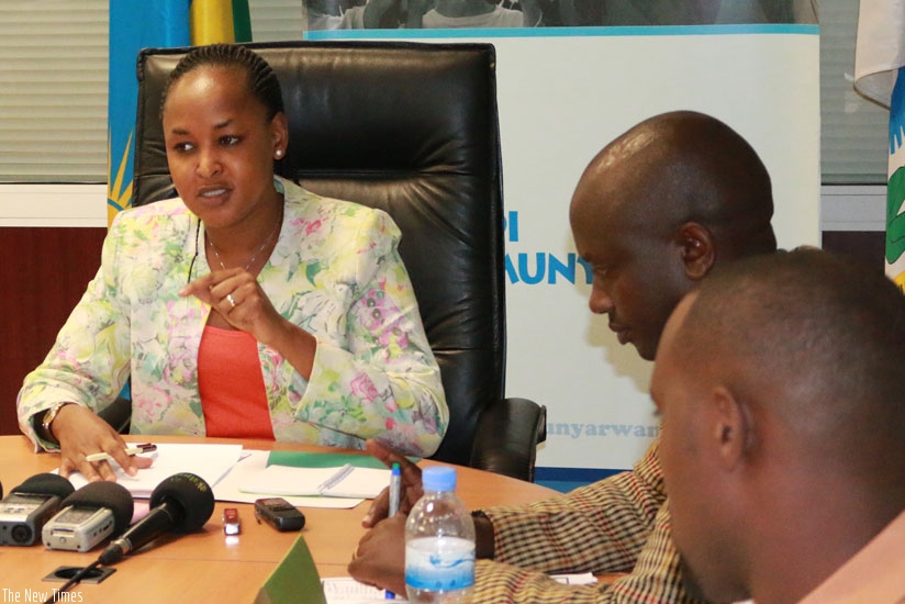 The Permanent Secretary in the Ministry of Youth and ICT, Rosemary Mbabazi, speaks to the media, yesterday. (E. Hakizimana)
