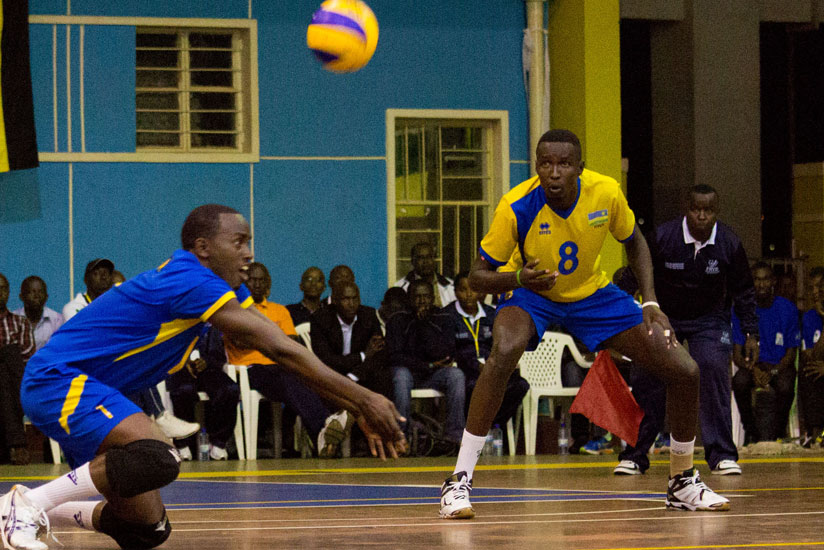 Bosco Mutabazi receives the ball as Flavien Ndamukunda prepares to strike in a pulsating Zone V game  in which Rwanda defeated Uganda 3-2. (Timothy Kisambira)