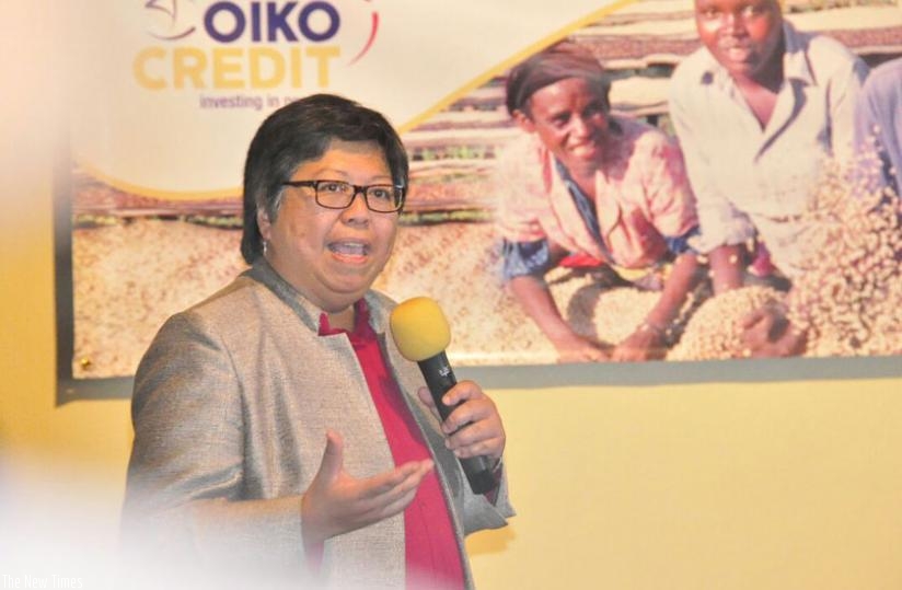 Ging Ledesma during the interview. She urges banks to fund the poor. (P. Tumwebaze)